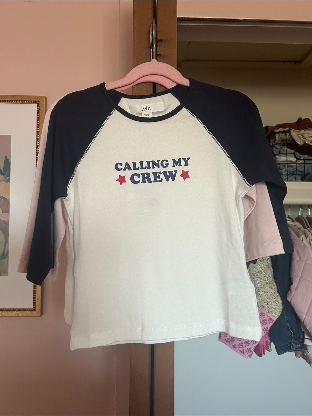 Zara White & Navy "Calling My Crew" Raglan Tee